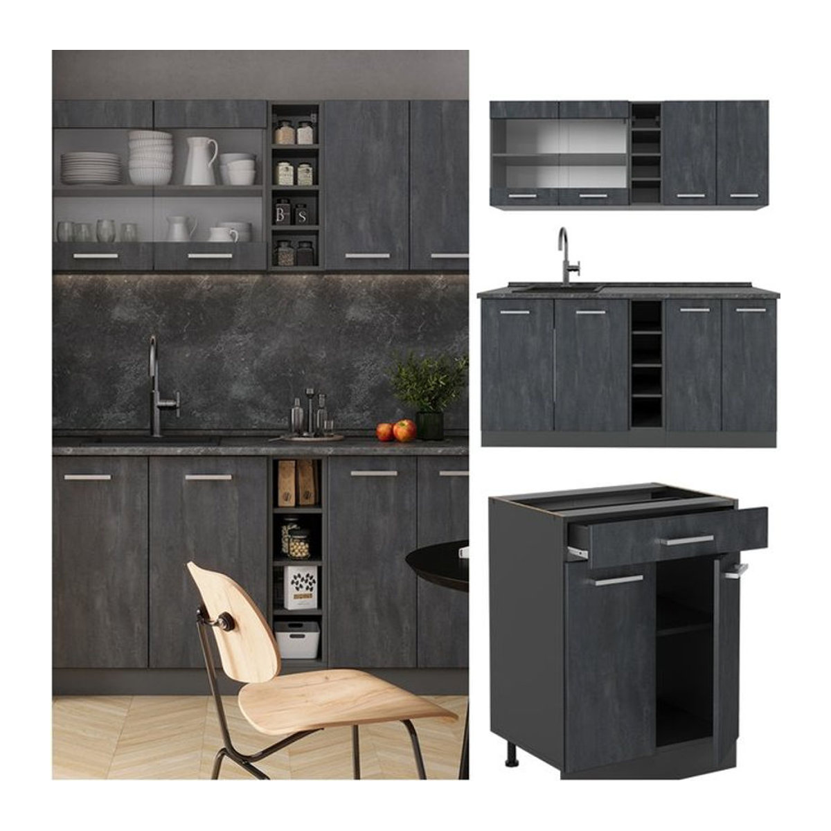 Vicco Singleküche R-Line Küchenzeile Modern in Schwarz Anthrazit Beton mit Drehtüren Breite: 160 cm ohne Arbeitsplatte - Bild 1