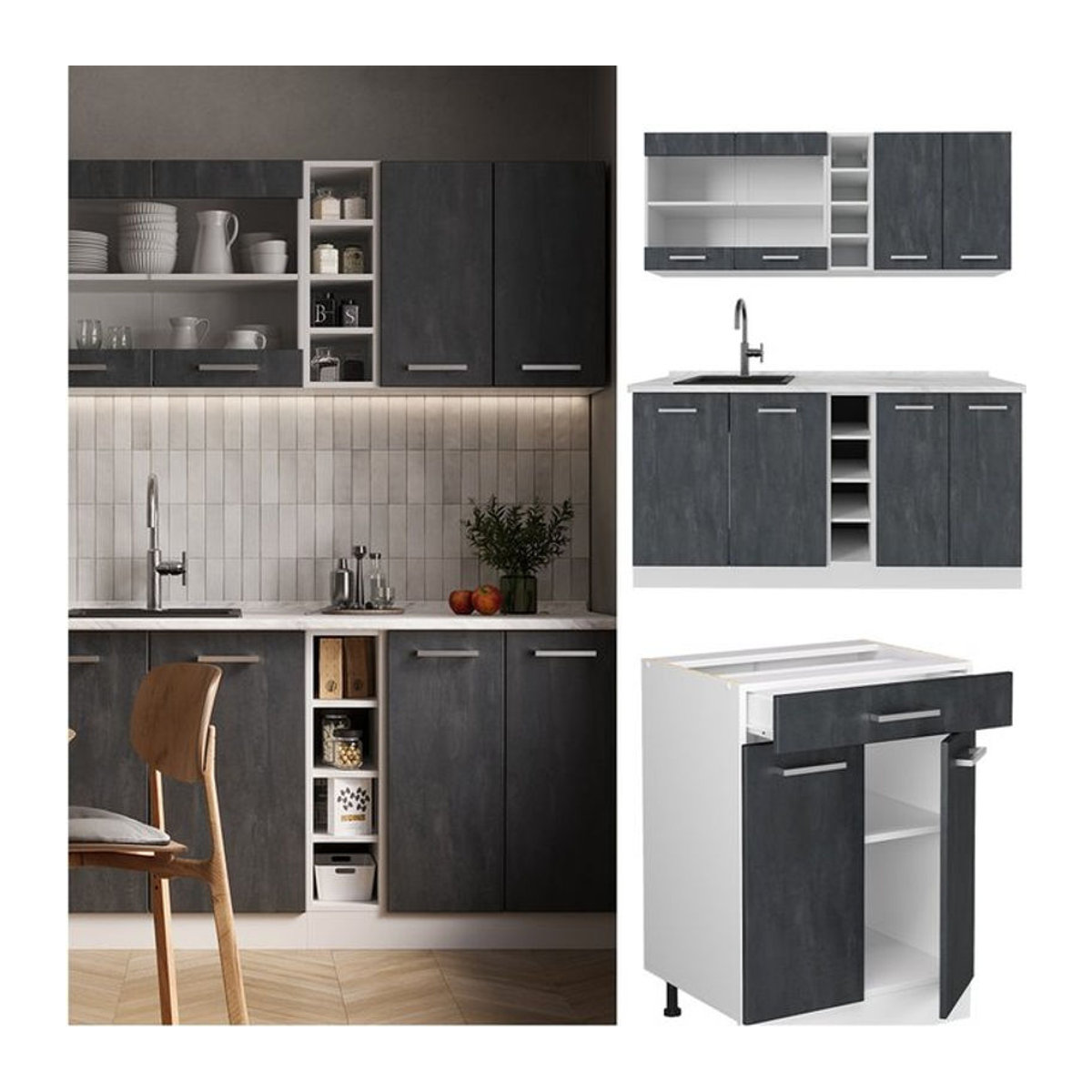 Vicco Singleküche R-Line Küchenzeile Modern in Schwarz Weiß Beton Optik Breite: 160 cm ohne Arbeitsplatte - Bild 1