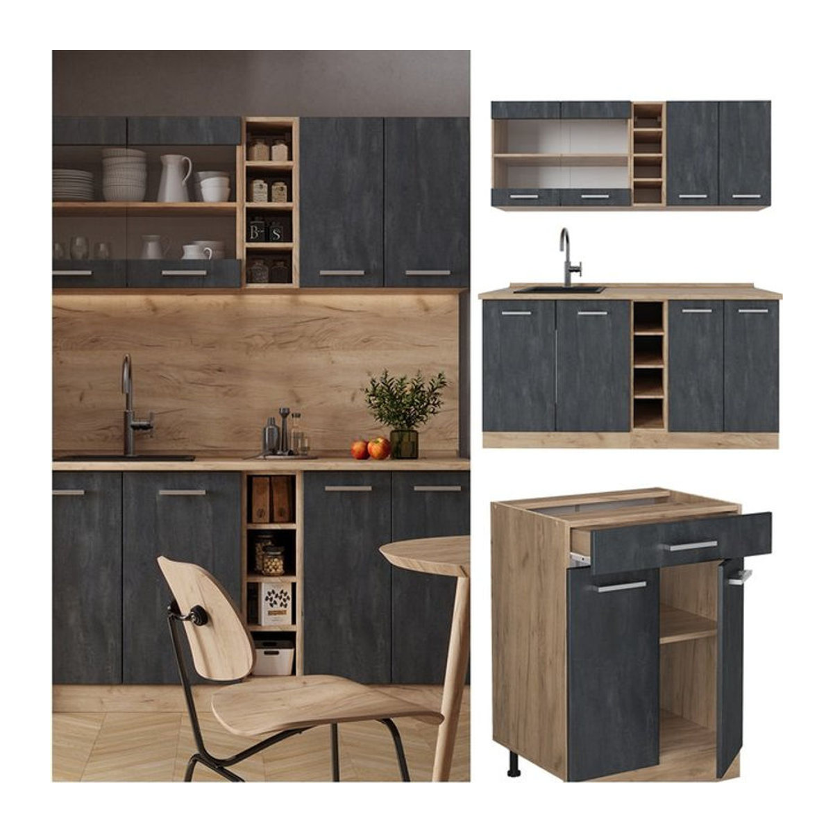 Vicco Singleküche R-Line Moderne Küchenzeile in Schwarz Beton und Eiche Natur mit 160 cm Breite ohne Arbeitsplatte - Bild 1