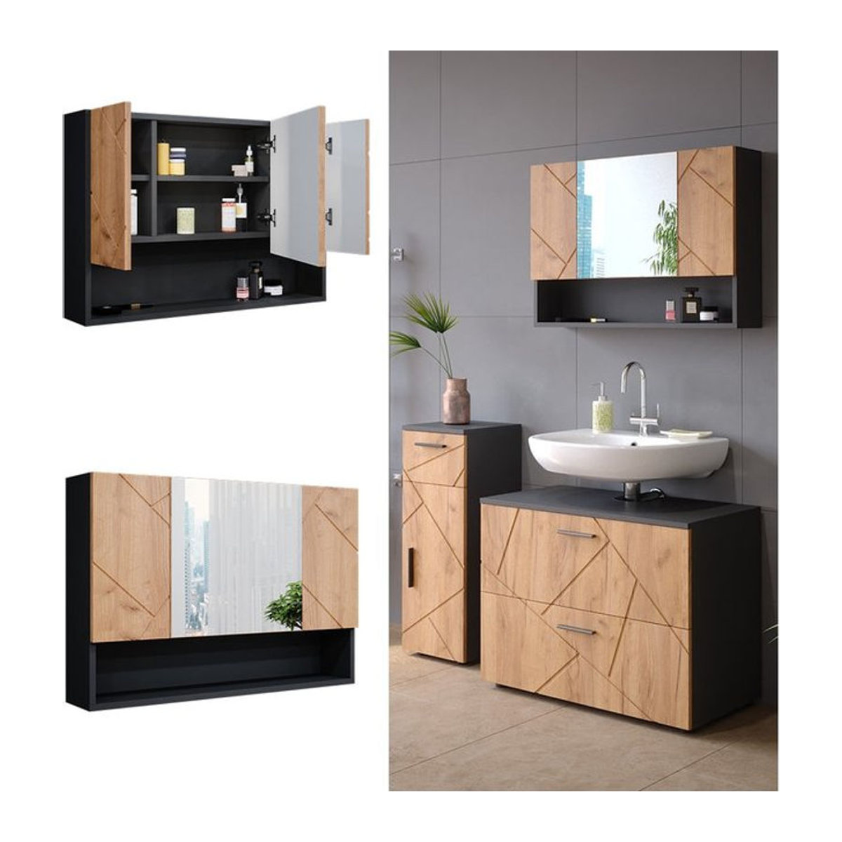 Vicco Spiegelschrank Irma Wandspiegel in Anthrazit und Eiche mit 80 cm Breite - Bild 1