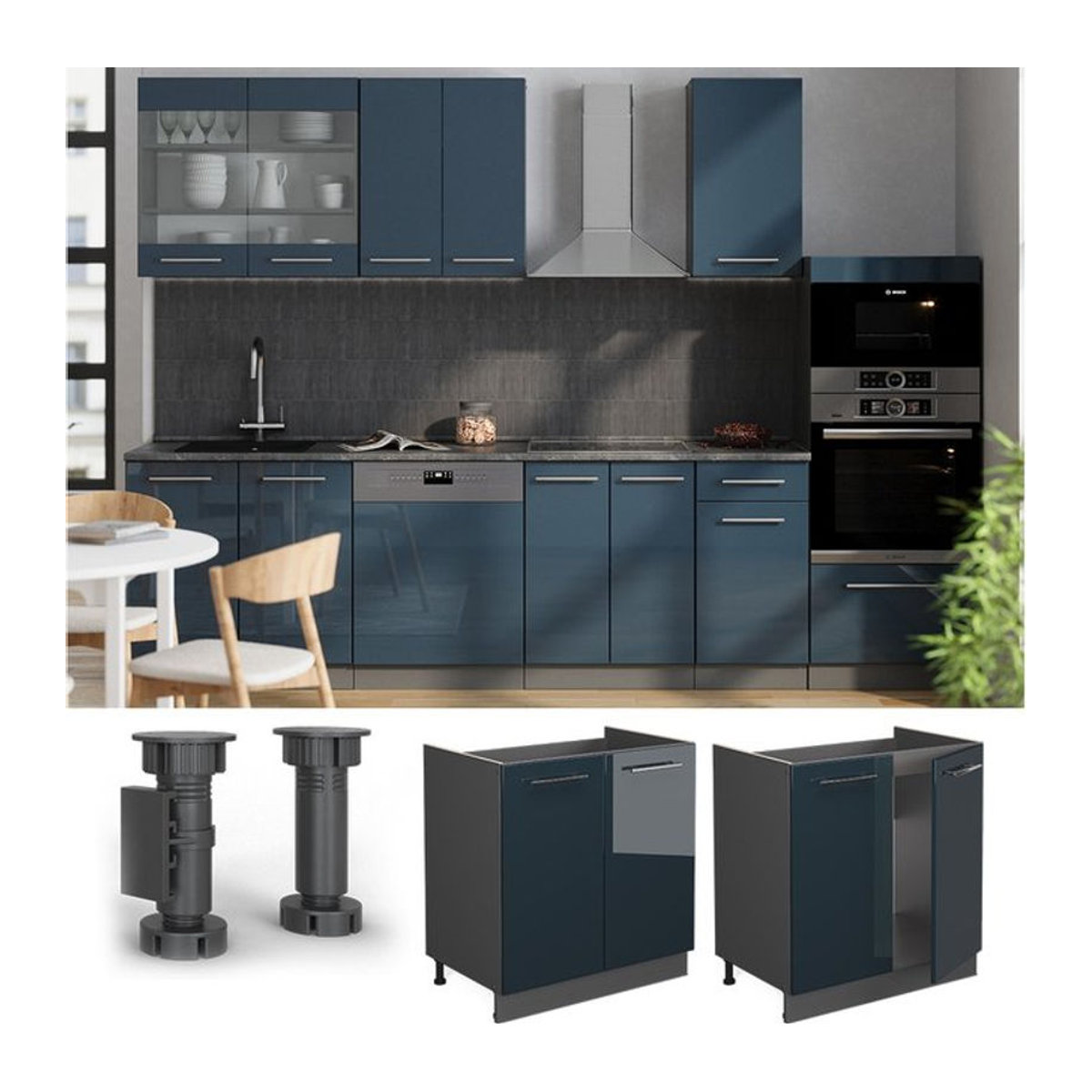 Vicco Spülenschrank Fame-Line in Anthrazit und Dunkelblau Hochglanz mit weißer Marmor-Arbeitsplatte, Breite: 80 cm - Bild 1