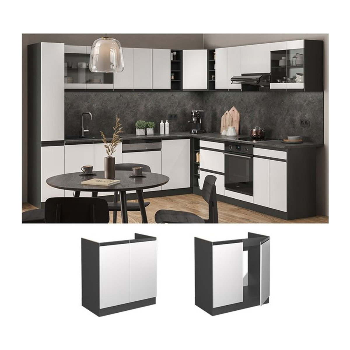 Vicco Spülenschrank R-Line J-Shape in Anthrazit und Weiß mit Drehtüren, Breite: 80 cm - Bild 1