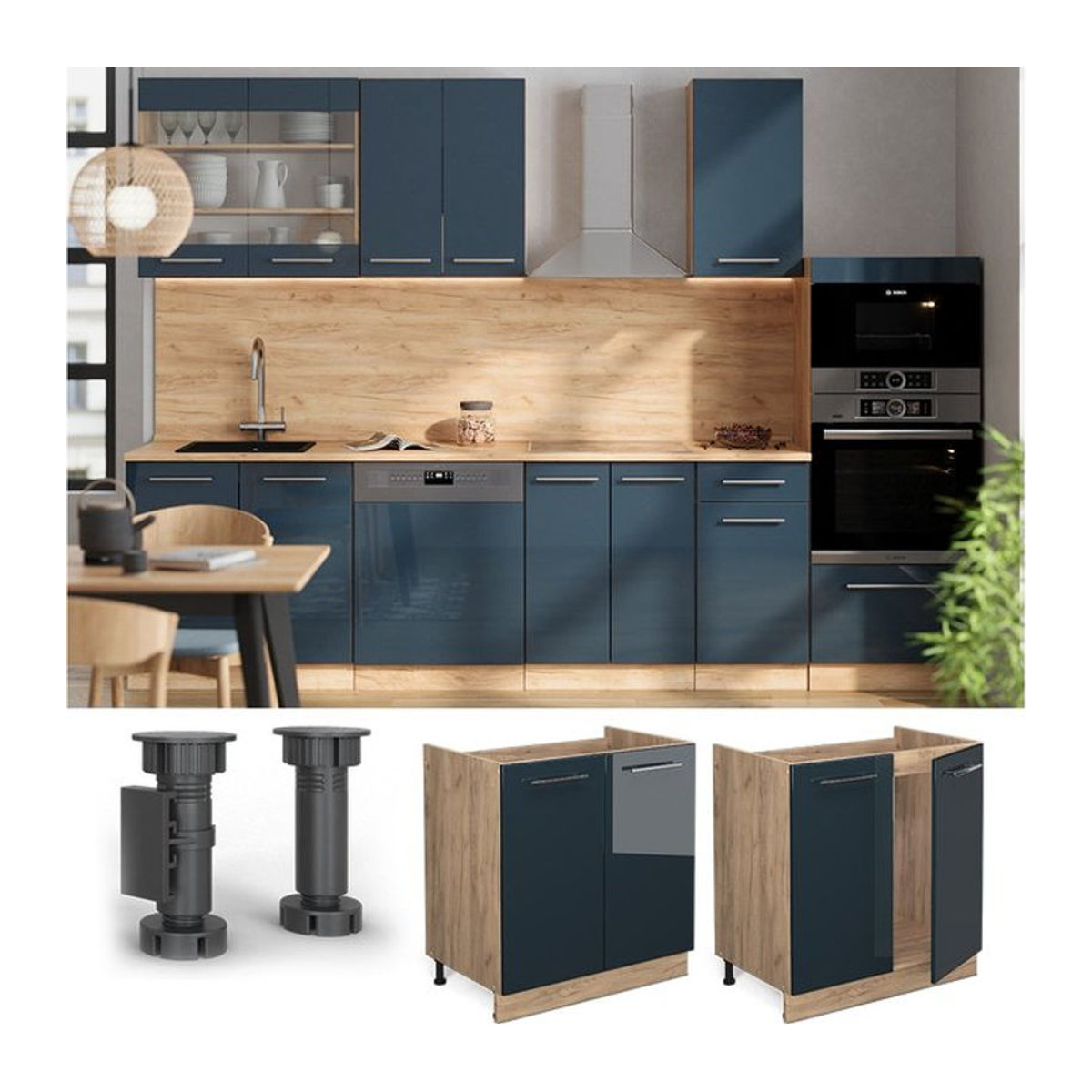 Vicco Spülenunterschrank Fame-Line in Eiche Dunkel und Blau Hochglanz mit Arbeitsplatte Eiche, Breite: 80 cm - Bild 1