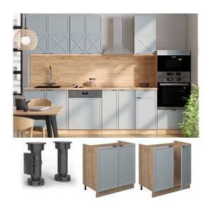 Vicco Spülenunterschrank Fame-Line in Eiche Hell und Blau-Grau mit Arbeitsplatte in Marmor-Weiß, Breite: 80 cm