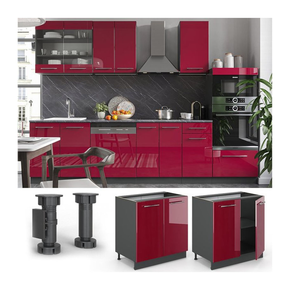 VICCO Spülenunterschrank Fame-Line in Rot mit Drehtüren, Breite: 80 cm - Bild 1
