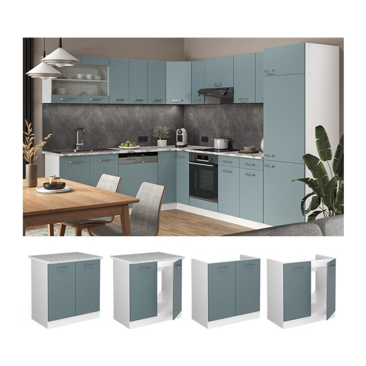 Vicco Spülenunterschrank R-Line Solid moderner Küchenschrank mit Drehtüren in Weiß Blau Grau Breite: 80 cm - Bild 1