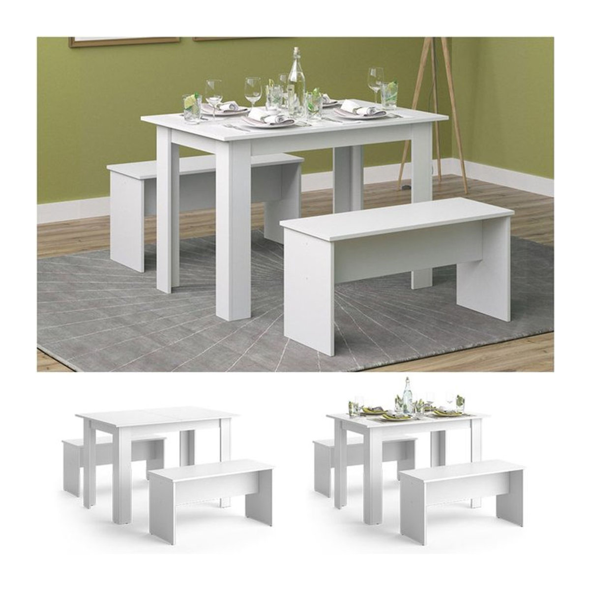 Vicco Tischgruppe Sentio Esszimmer mit Esstisch und Sitzbank in Weiß, minimalistisches Design - Bild 1