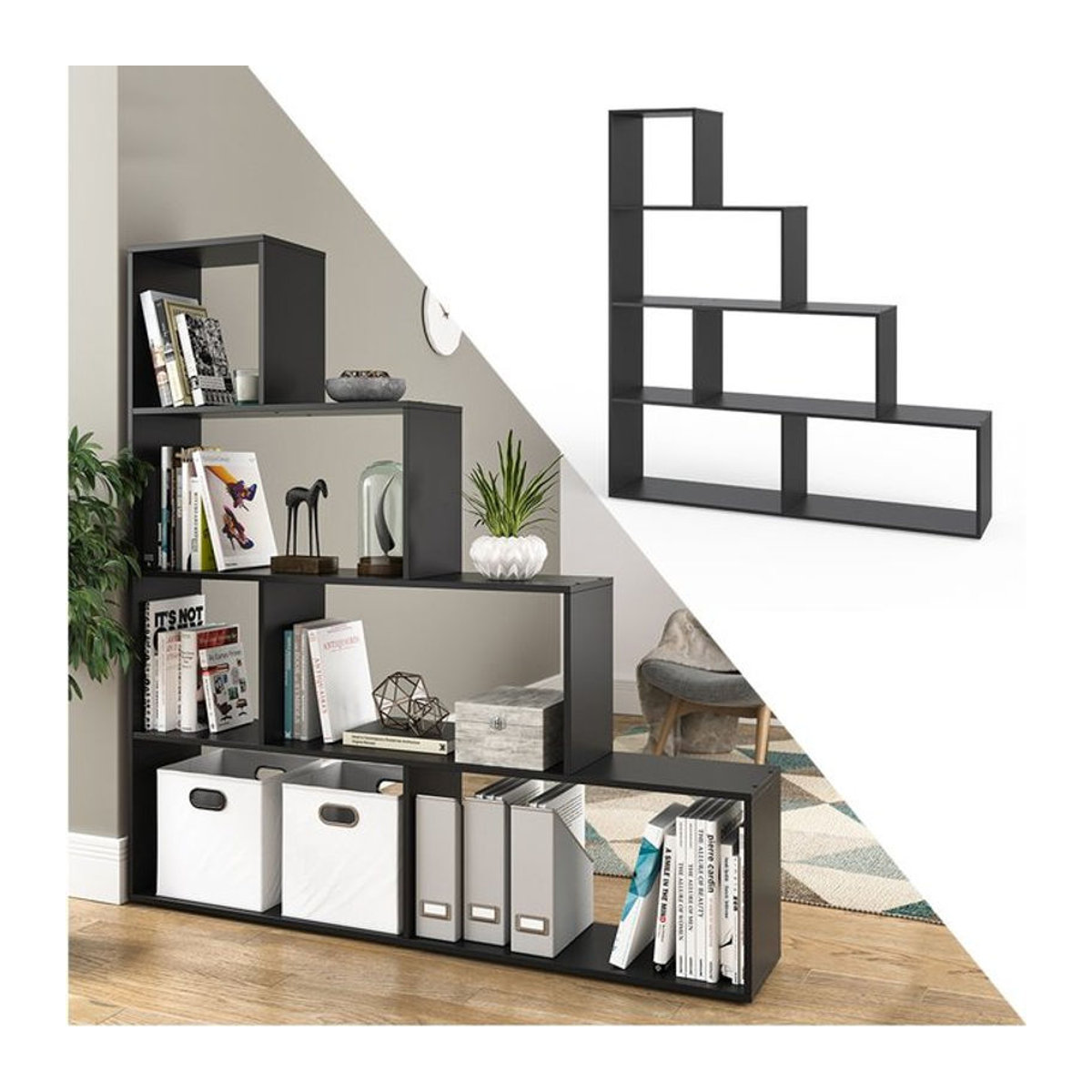 Vicco Treppenregal ASYM Raumteiler in Schwarz aus Holzwerkstoff als freistehendes Bücherregal und Aufbewahrungssystem - Bild 1