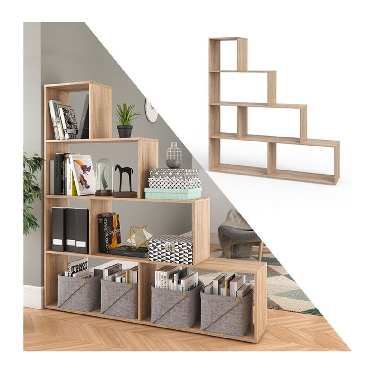 Vicco Treppenregal ASYM Raumteiler in Sonoma Braun, Freistehendes Bücherregal und Aufbewahrungsregal aus Holzwerkstoff, Breite: 163 cm, Höhe: 155 cm - Bild 1