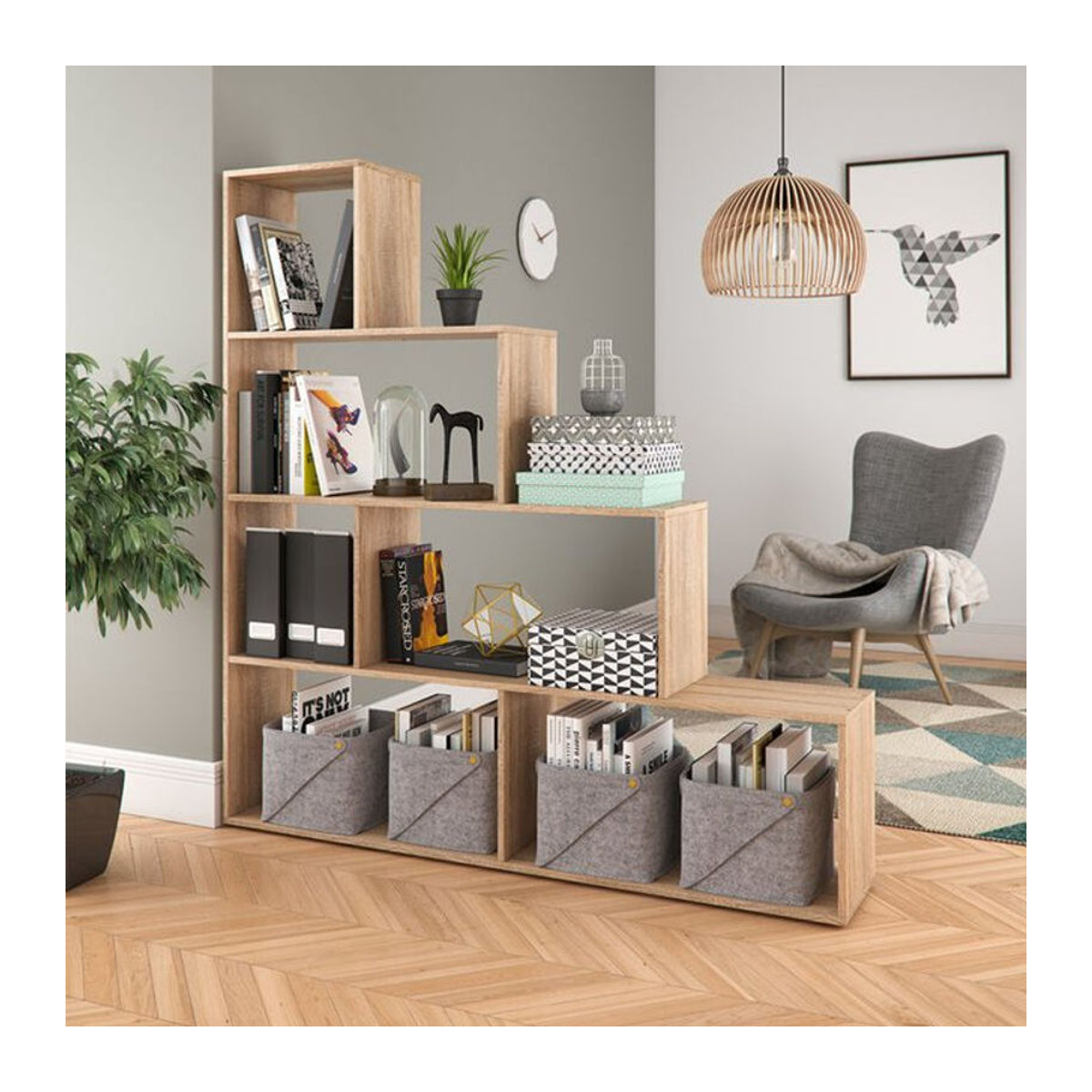 Vicco Treppenregal ASYM Raumteiler in Sonoma Braun, Freistehendes Bücherregal und Aufbewahrungsregal aus Holzwerkstoff, Breite: 163 cm, Höhe: 155 cm - Bild 2