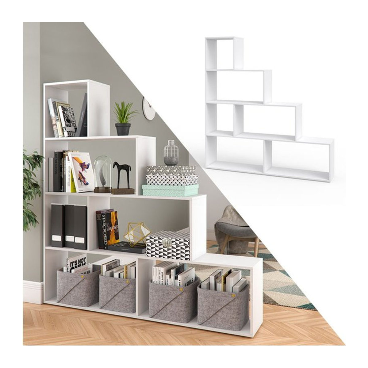 Vicco Treppenregal ASYM Raumteiler in Weiß als minimalistisches Bücherregal und freistehendes Standregal - Bild 1