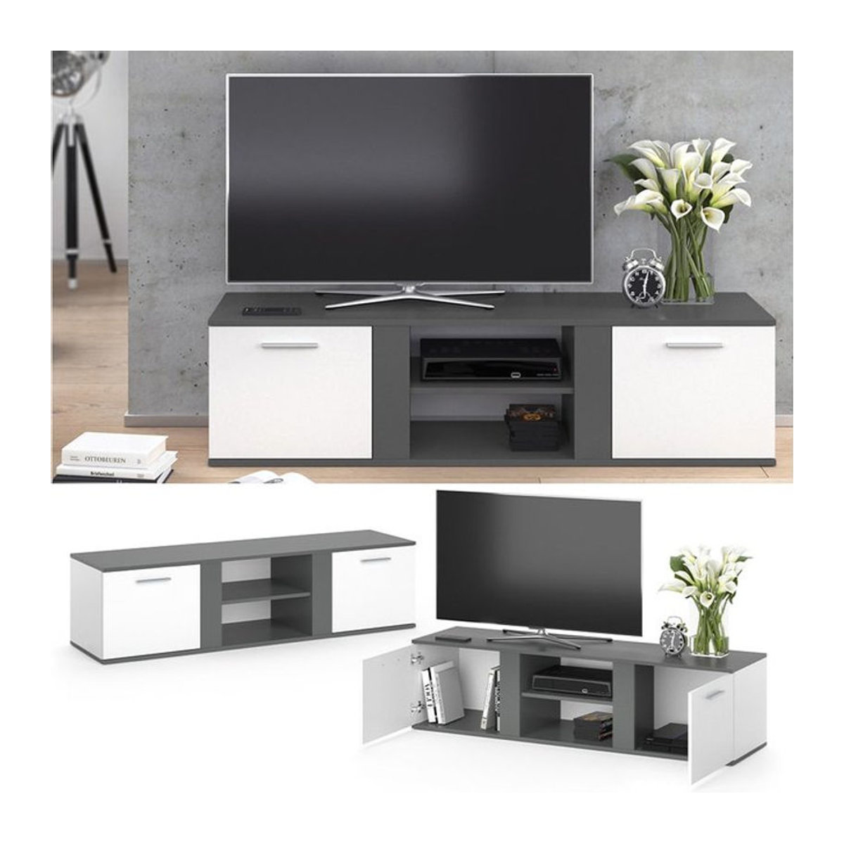 VICCO TV Lowboard NOVELLI Fernsehtisch Sideboard in Schwarz/Weiß mit Melaminharzbeschichtung, Breite: 155 cm - Bild 1