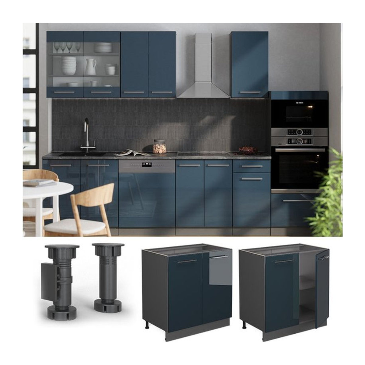 Vicco Unterschrank Fame-Line in Anthrazit und Dunkelblau Hochglanz mit Arbeitsplatte in Eiche, Breite: 80 cm - Bild 1