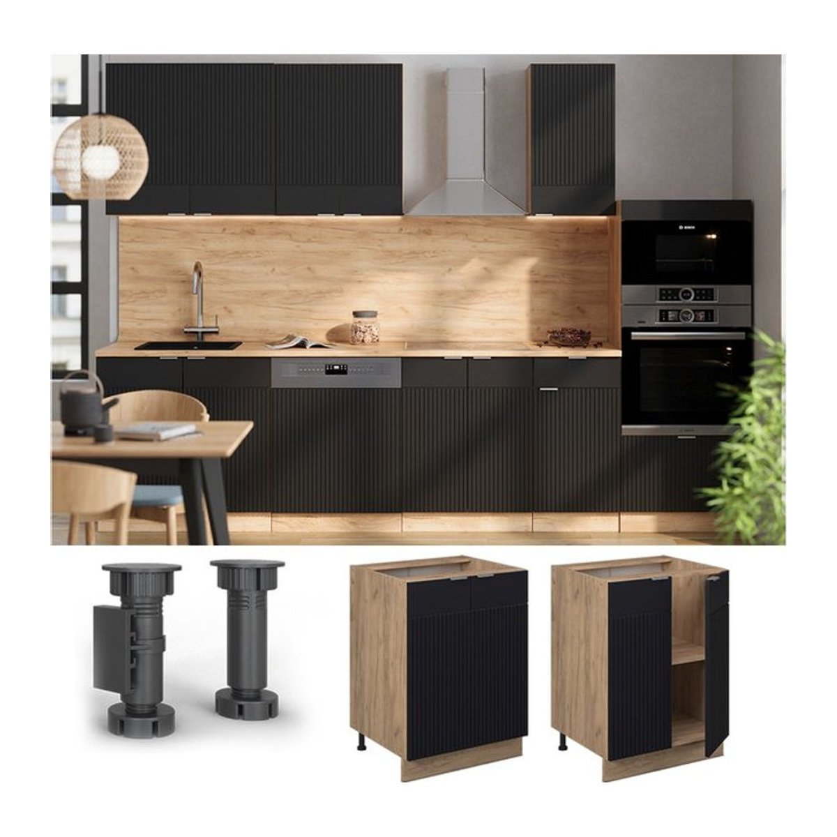 Vicco Unterschrank Fame-Line in Eiche und Schwarz mit Arbeitsplatte in Anthrazit, Breite: 60 cm - Bild 1