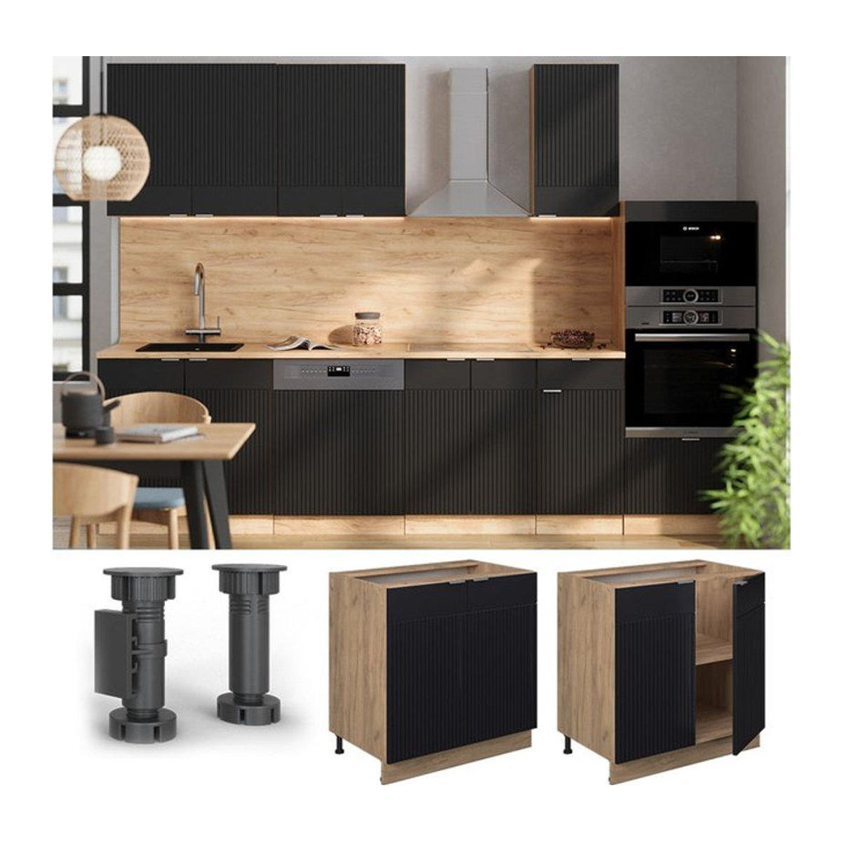 Vicco Unterschrank Fame-Line in Eiche und Schwarz mit Arbeitsplatte in Anthrazit, Breite: 80 cm - Bild 1