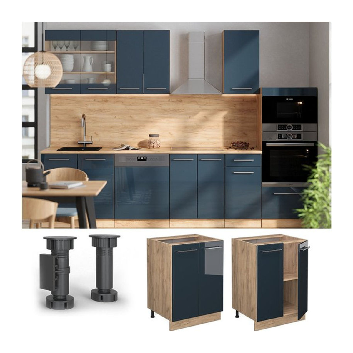 Vicco Unterschrank Fame-Line Kommode in Eiche Dunkel und Blau Hochglanz mit Arbeitsplatte Eiche Breite: 60 cm - Bild 1