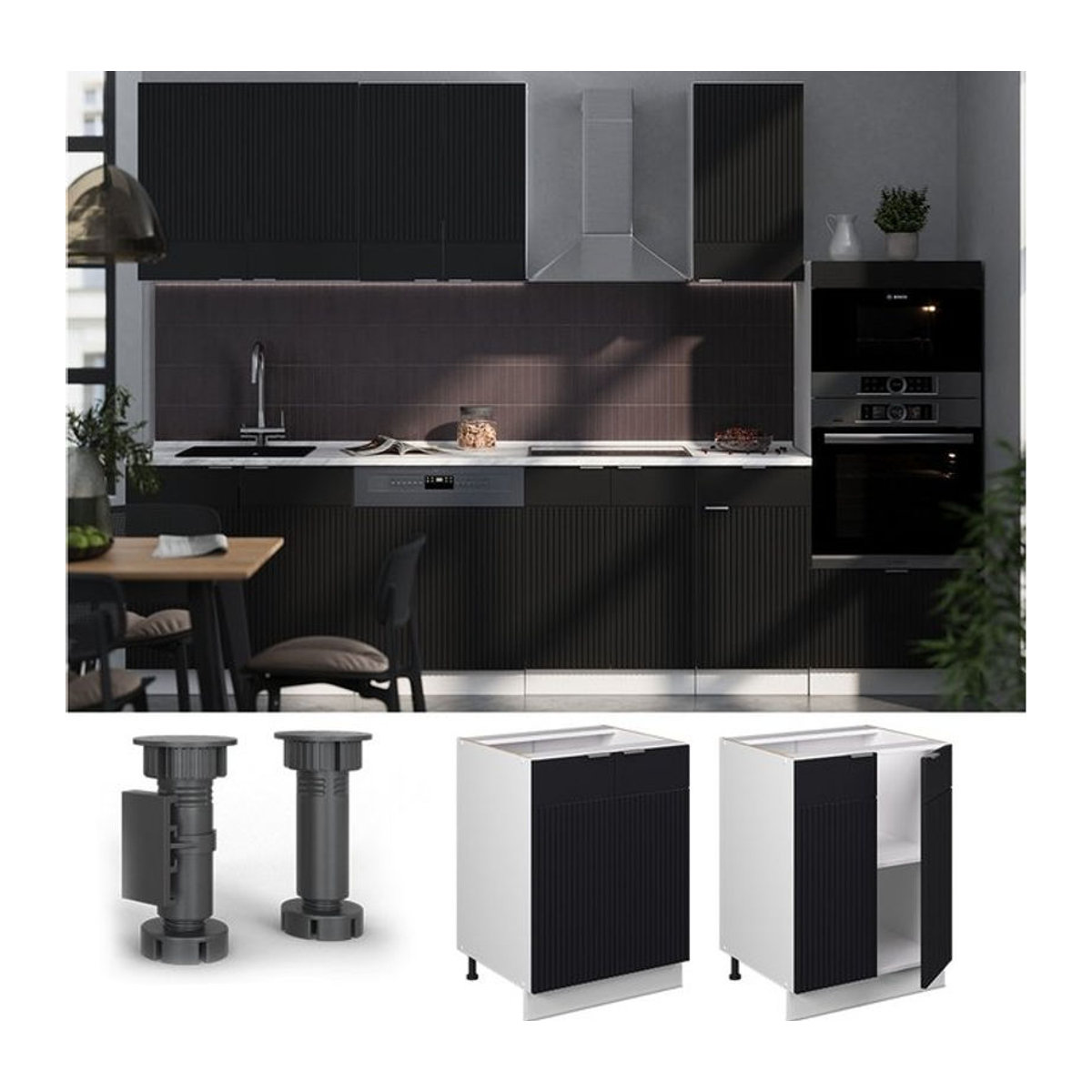 Vicco Unterschrank Fame-Line Weiß Schwarz gestreift mit Arbeitsplatte Eiche Natur Breite: 60 cm - Bild 1