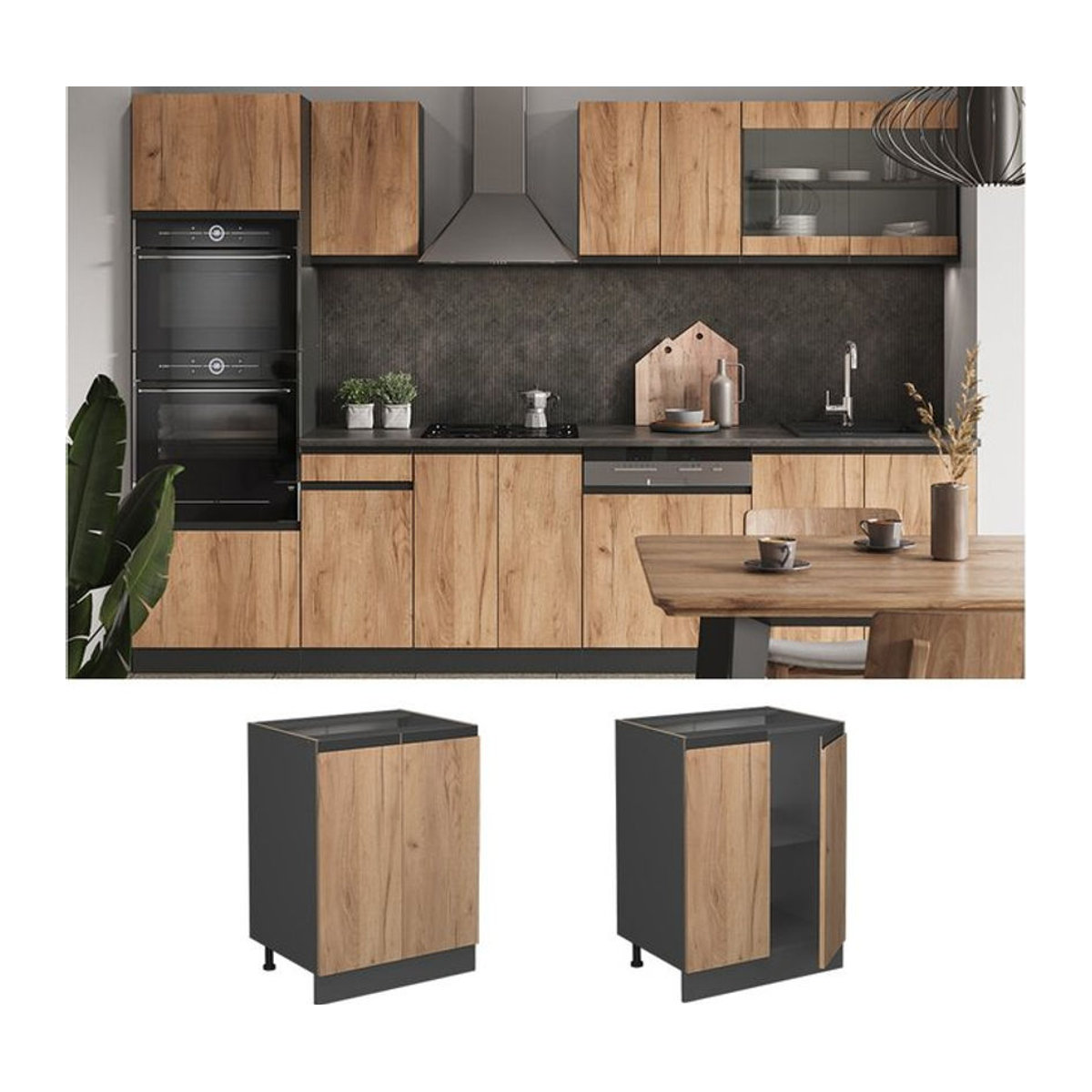 Vicco Unterschrank R-Line J-Shape in Anthrazit und Eiche mit Drehtüren, Breite: 60 cm - Bild 1