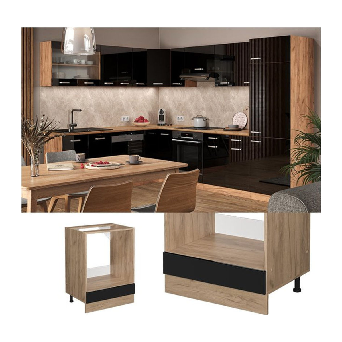 Vicco Unterschrank R-Line Küchenschrank in Eiche und Schwarz, Breite: 60 cm - Bild 1