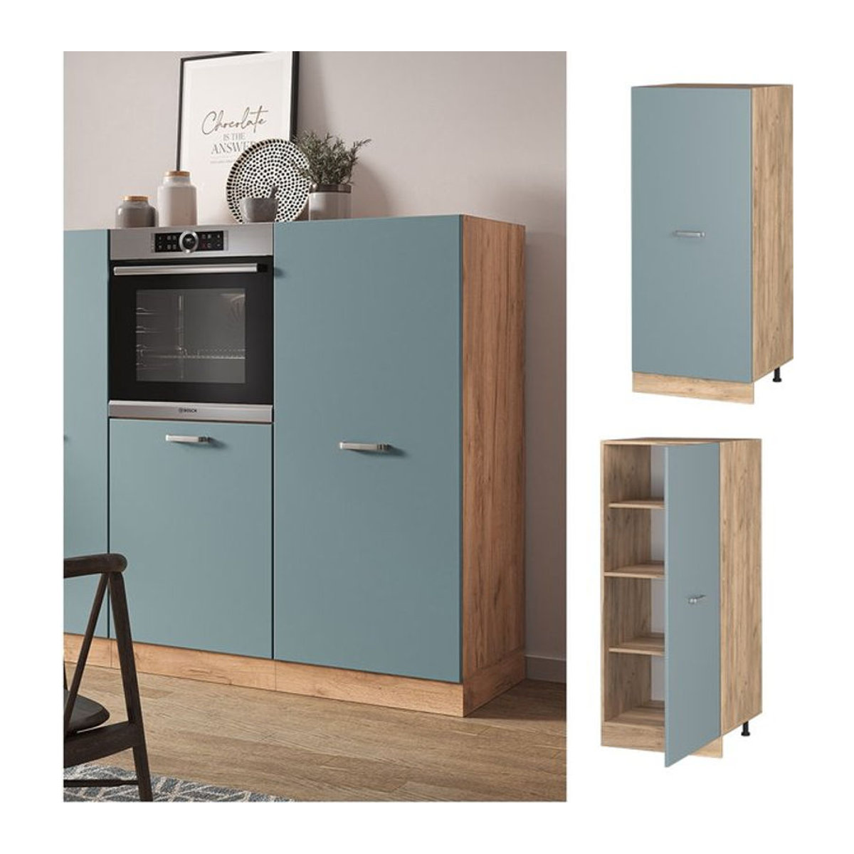 Vicco Vorratsschrank R-Line Modern in Eiche mit Blau und Grau, Breite: 60 cm, Höhe: 272,9 cm, Tiefe: 272,9 cm - Bild 1