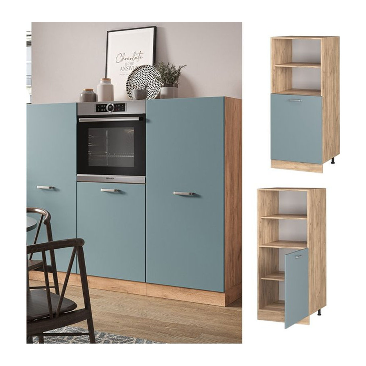 Vicco Vorratsschrank R-Line Modern in Eiche Natur, Blau und Grau mit Drehtüren, Breite: 60 cm - Bild 1