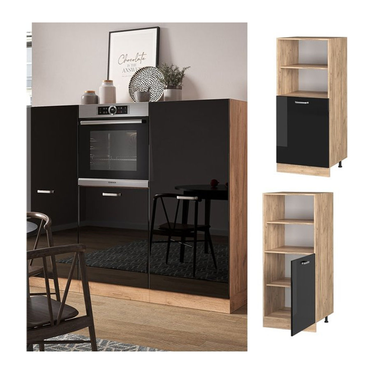 Vicco Vorratsschrank R-Line Modern in Schwarz/Eiche Natur mit Drehtüren, Breite: 60 cm, Höhe: 210,72 cm - Bild 1