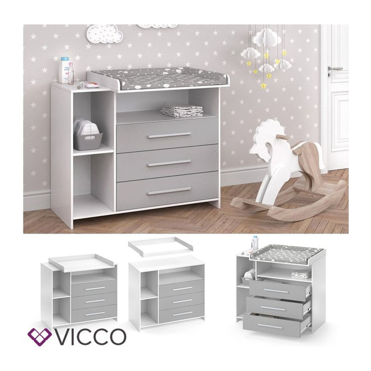 Vicco Wickelkommode Oskar in Weiß/Grau, Modernes Wickelregal aus Holzwerkstoff, B/H: 113 x 100 cm - Bild 2