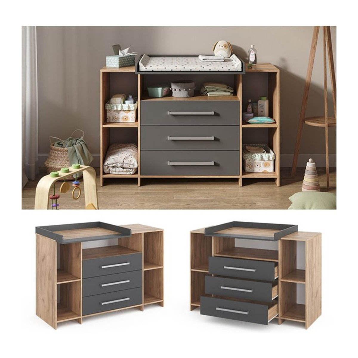 Vicco Wickelkommode Oskar XL Modern, Eiche Anthrazit, Breite: 143 cm - Bild 1