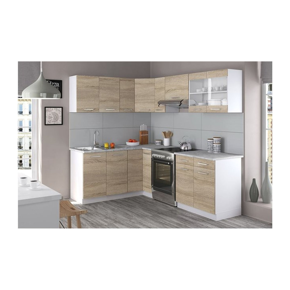Vicco Winkelküche R-Line in Eiche Natur mit Drehtüren, Breite: 230 cm - Bild 1