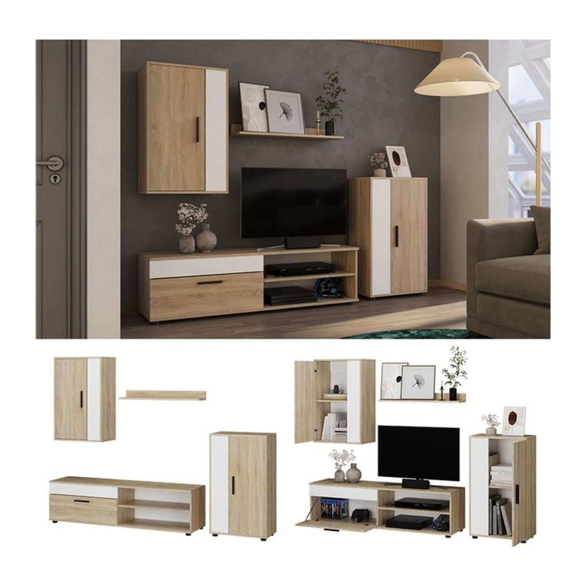 Vicco Wohnwand Berno in Weiß Sonoma Modernes 4er-Set Schrankwand für dein Wohnzimmer - Bild 1