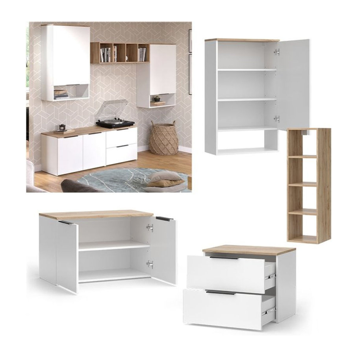 Vicco Wohnwand Wido Modern in Weiß und Eiche Natur mit 5 Teilen und TV-Schrank - Bild 1