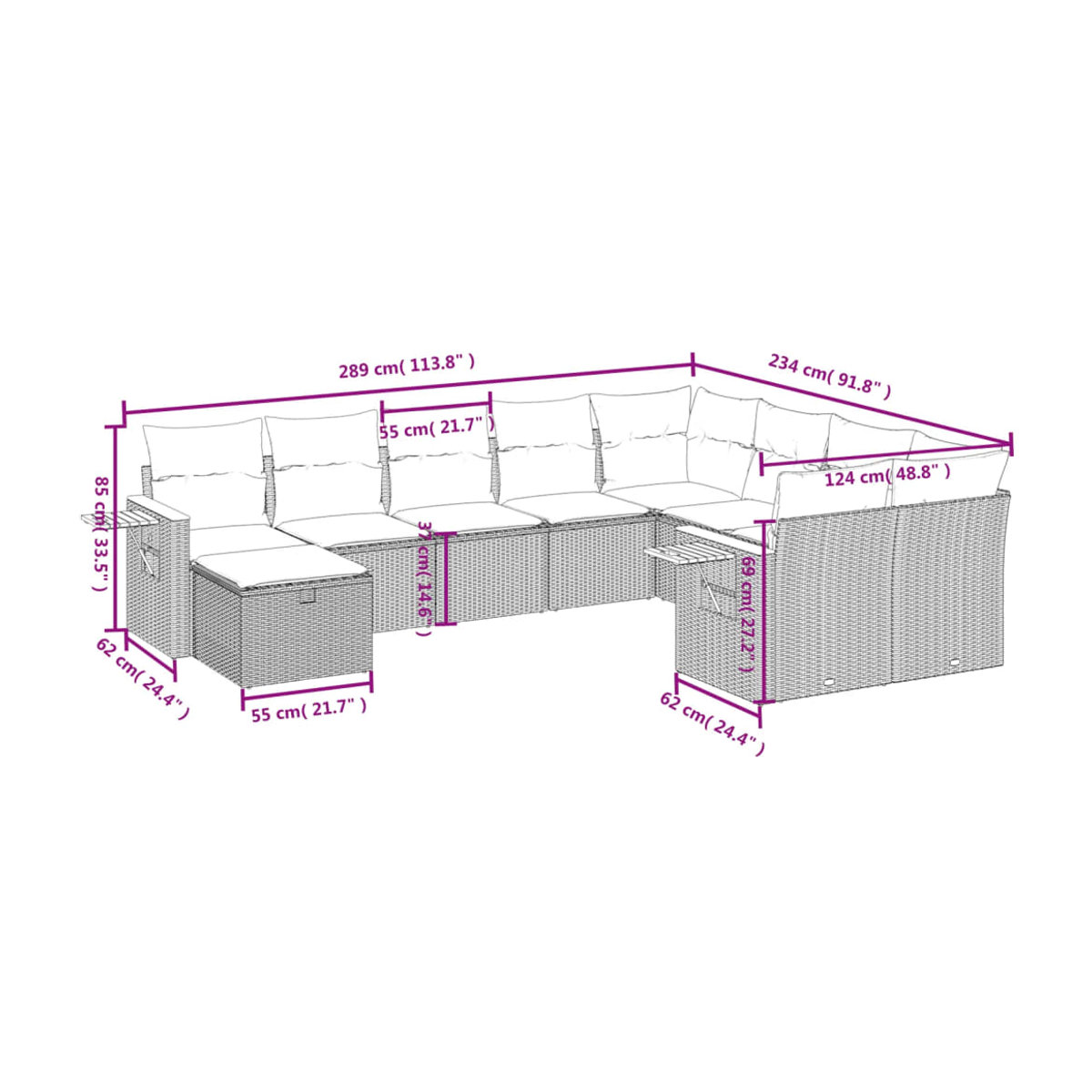 Vidaxl 10-teiliges Gartenmöbel-Set aus Polyrattan mit Kissen in Beige im modernen Design - Bild 2