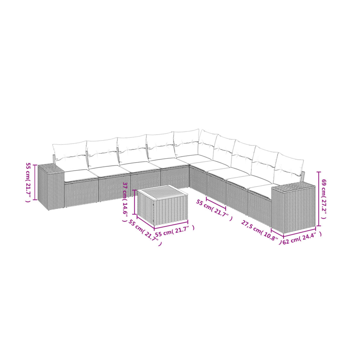Vidaxl 10-teiliges Gartenmöbel-Set aus Polyrattan mit Kissen in Beige im modernen Design - Bild 2