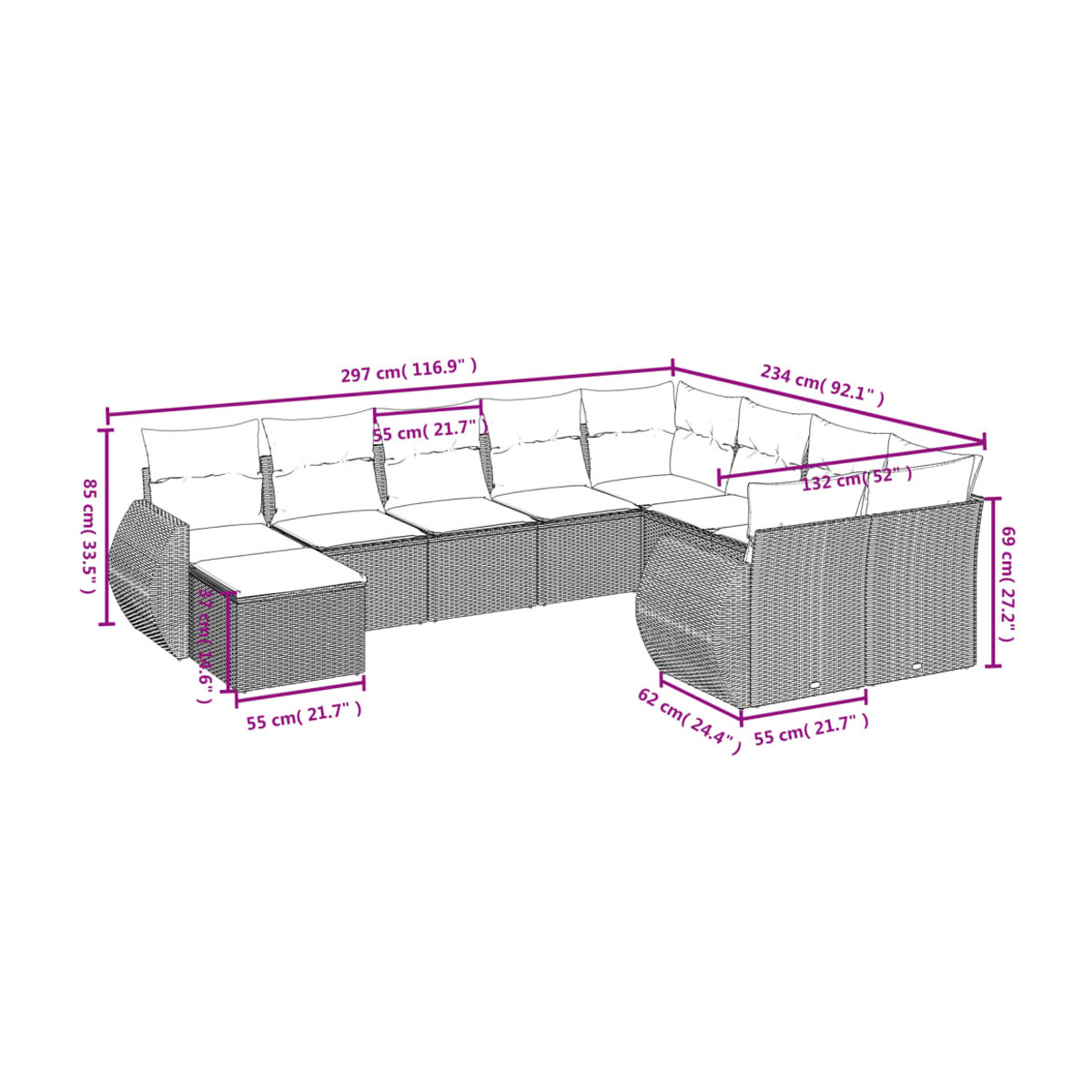 Vidaxl 10-teiliges Gartenmöbel-Set aus Polyrattan mit Kissen in Beige im modernen Design - Bild 2