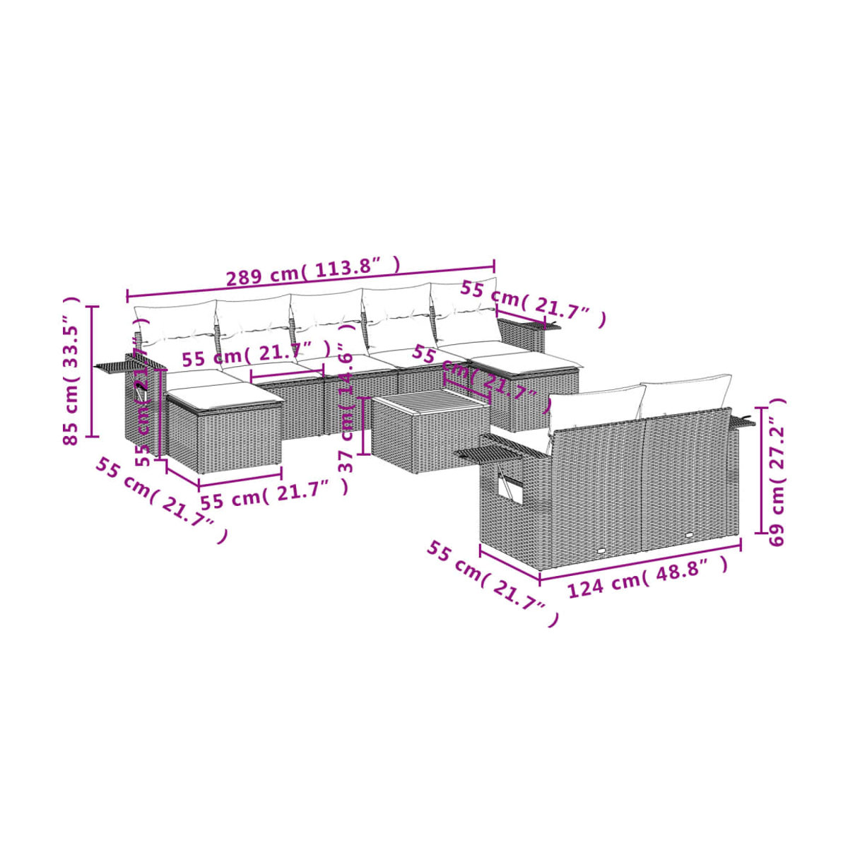 Vidaxl 10-teiliges Gartenmöbel-Set aus Polyrattan mit Kissen in Beige im modernen Design - Bild 2