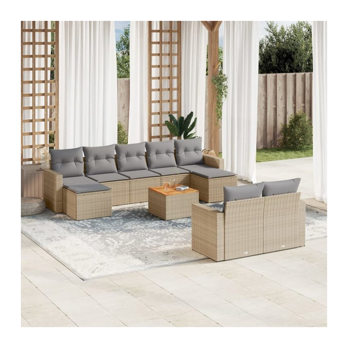 Vidaxl 10-teiliges Gartenmöbel-Set aus Rattan und Holz mit Kissen in Beige - Bild 1