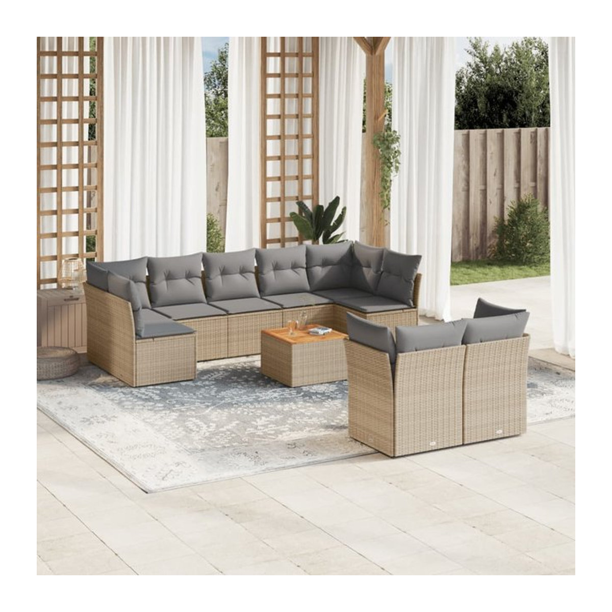 Vidaxl 10-teiliges Gartenmöbel-Set aus Rattan und Holz mit Kissen in Beige und Grau - Bild 1