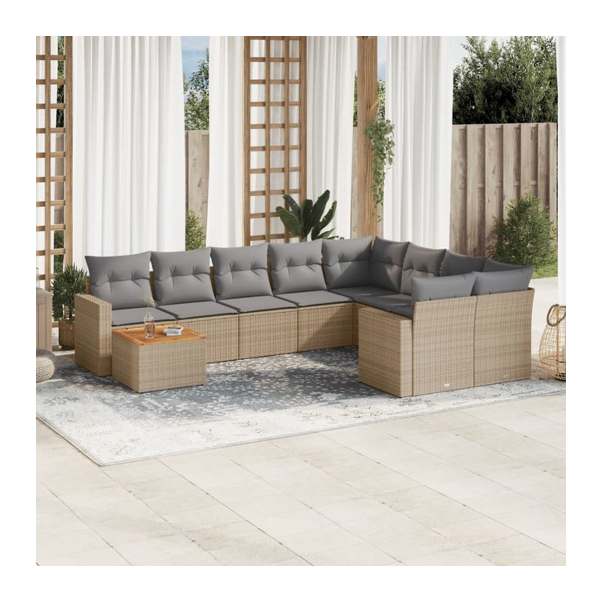 Vidaxl 10-teiliges Gartenmöbel-Set aus Rattan und Holz mit Kissen in Beige und Grau im modernen Design - Bild 1