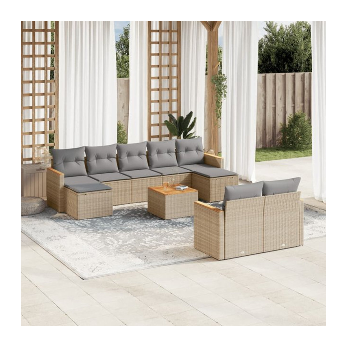 Vidaxl 10-teiliges Gartenmöbel-Set mit Kissen in Beige und Grau aus Rattan, Holz und Metall - Bild 1