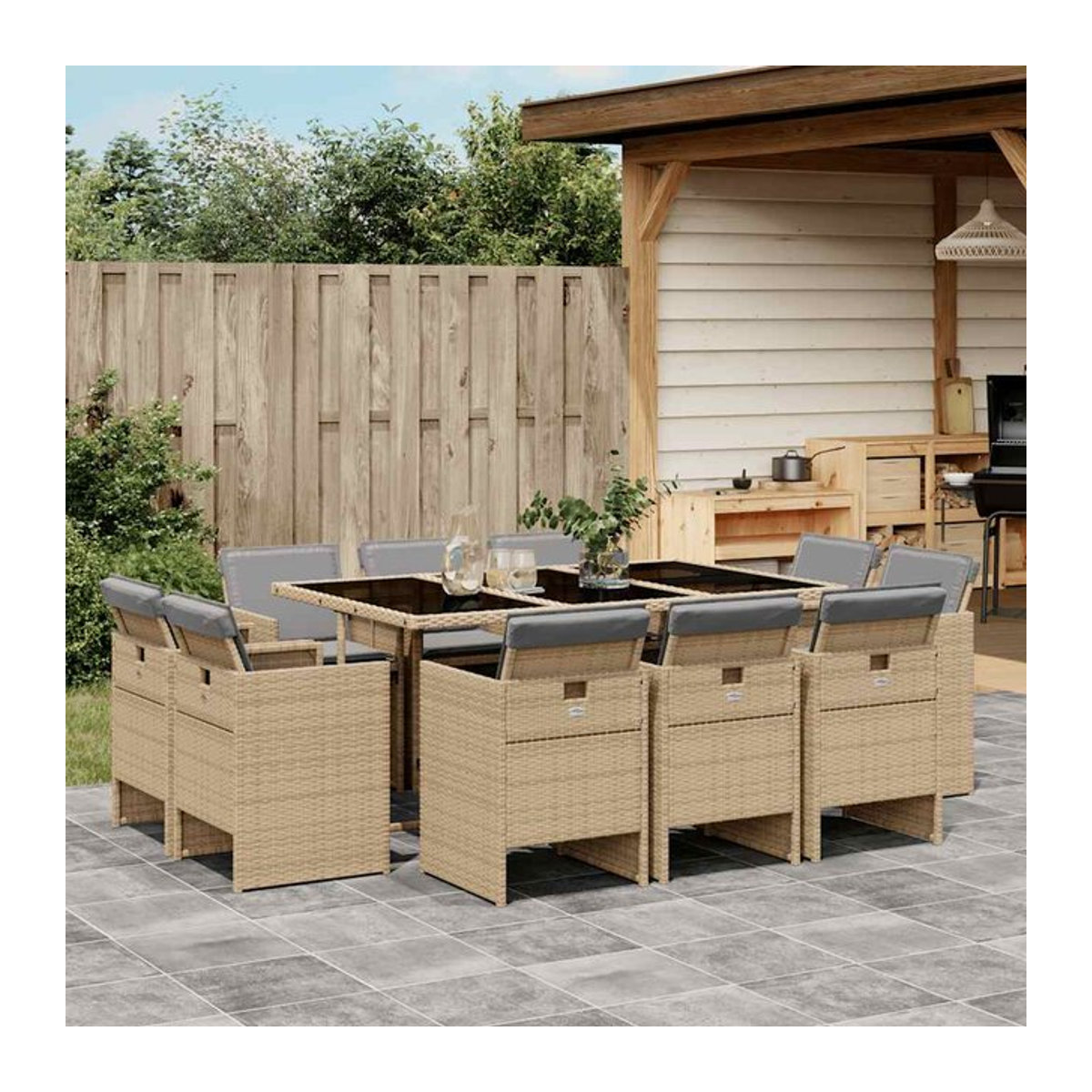 Vidaxl 11-teiliges Gartenmöbel-Set aus Rattan mit Kissen und Glastisch in Beige - Bild 1