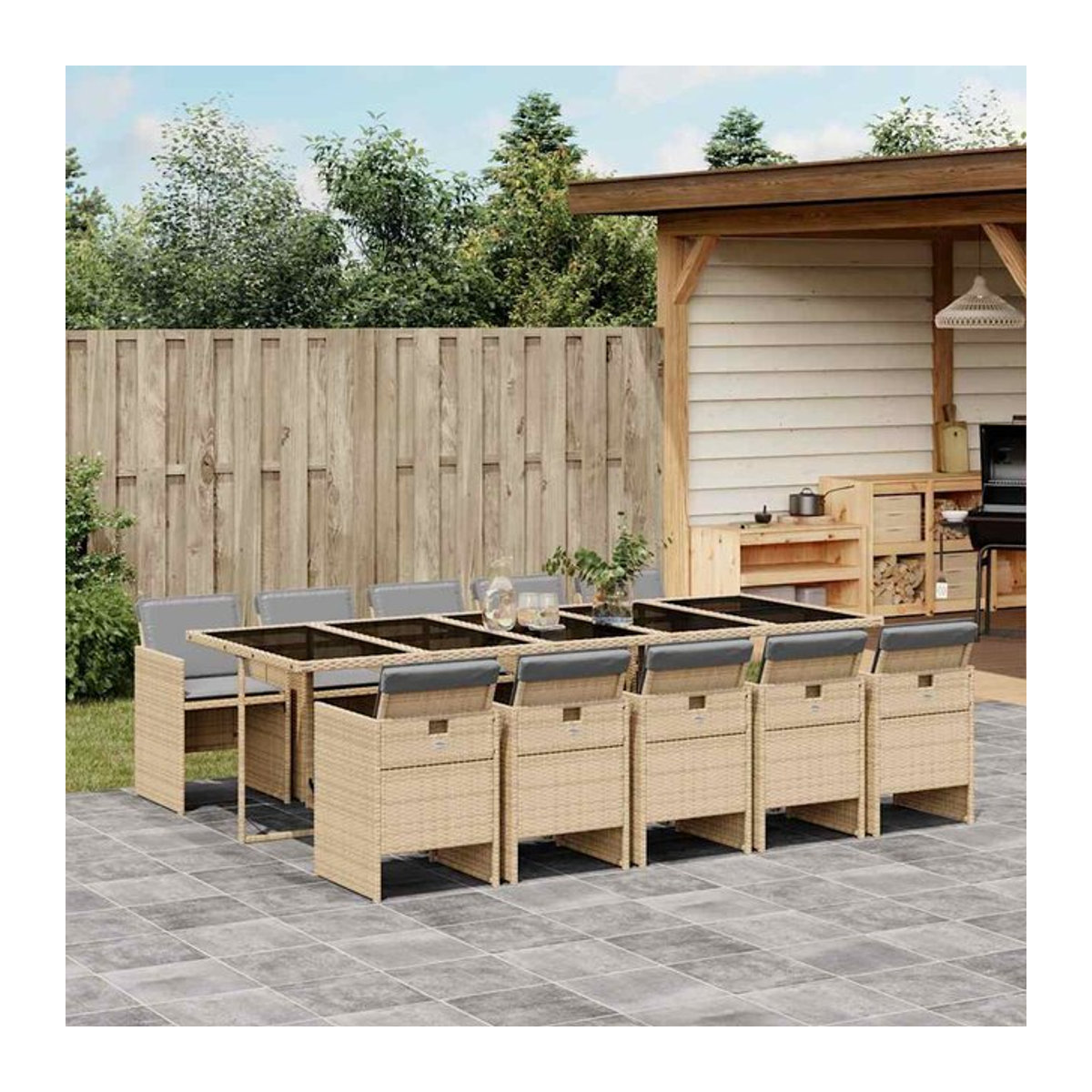 Vidaxl 11-teiliges Gartenmöbel-Set aus Rattan mit Kissen und Glastisch in Beige - Bild 1