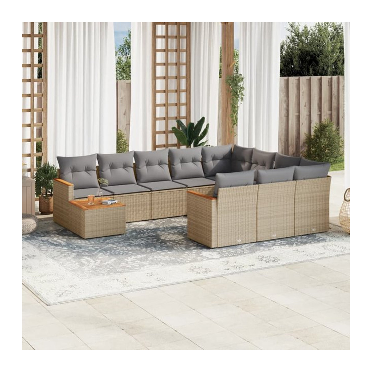 Vidaxl 11-teiliges Gartenmöbel-Set mit Kissen in Beige aus Rattan, Holz und Metall - Bild 1