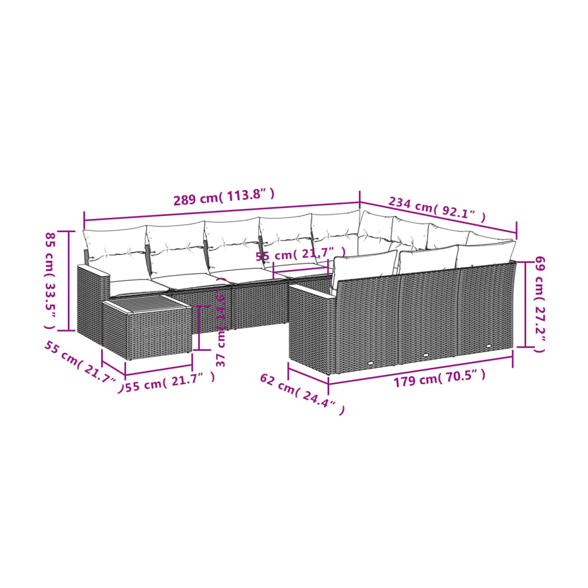 Vidaxl 11-teiliges Gartenmöbel-Set mit Kissen in Beige aus Rattan, Holz und Metall - Bild 2