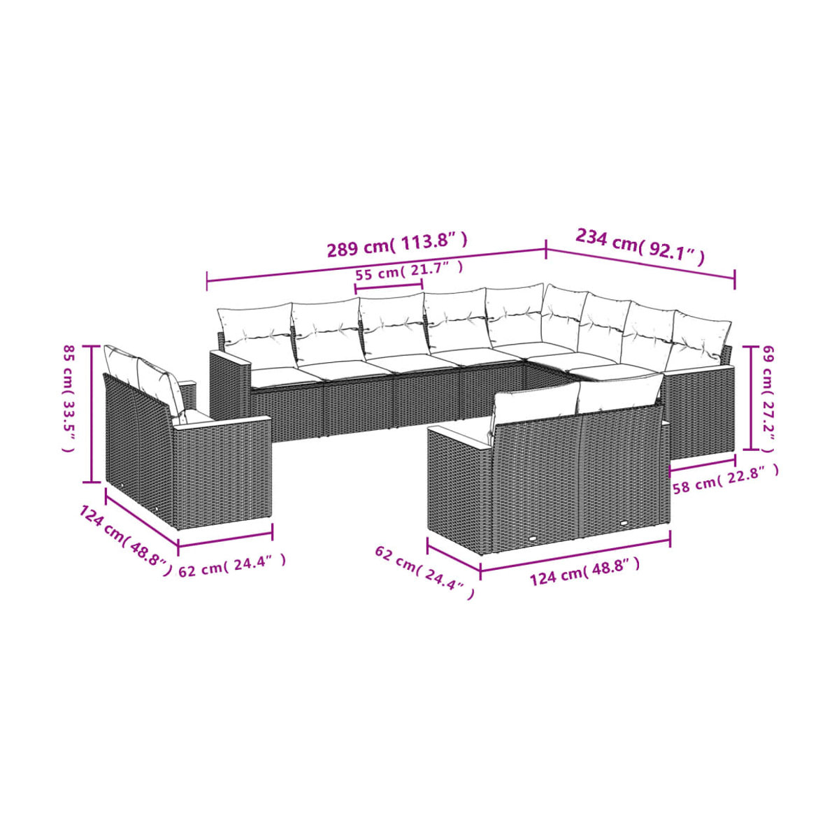 Vidaxl 12-teiliges Gartenmöbel-Set aus Polyrattan mit Kissen in Beige - Bild 3