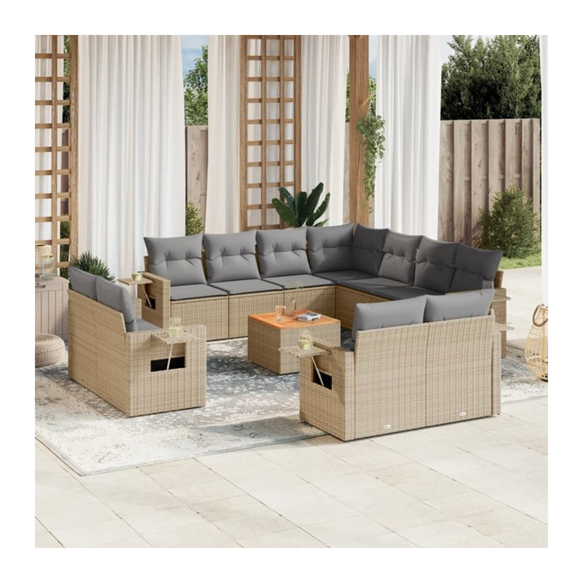 Vidaxl 12-teiliges Gartenmöbel-Set aus Rattan und Holz mit Kissen in Beige - Bild 1