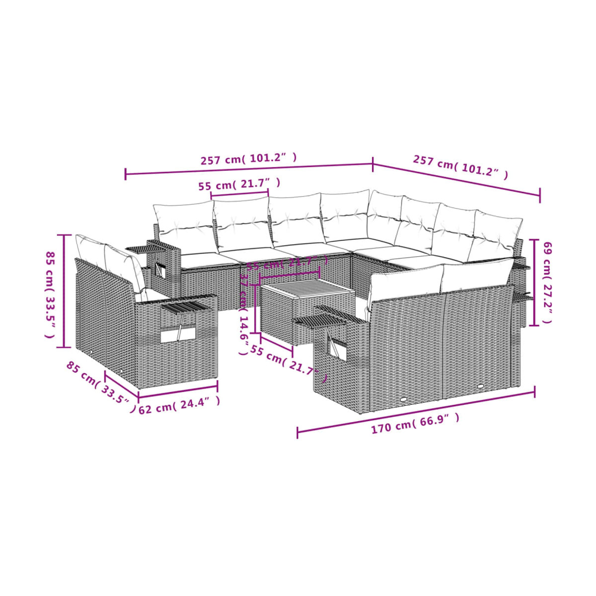 Vidaxl 12-teiliges Gartenmöbel-Set aus Rattan und Holz mit Kissen in Beige - Bild 2