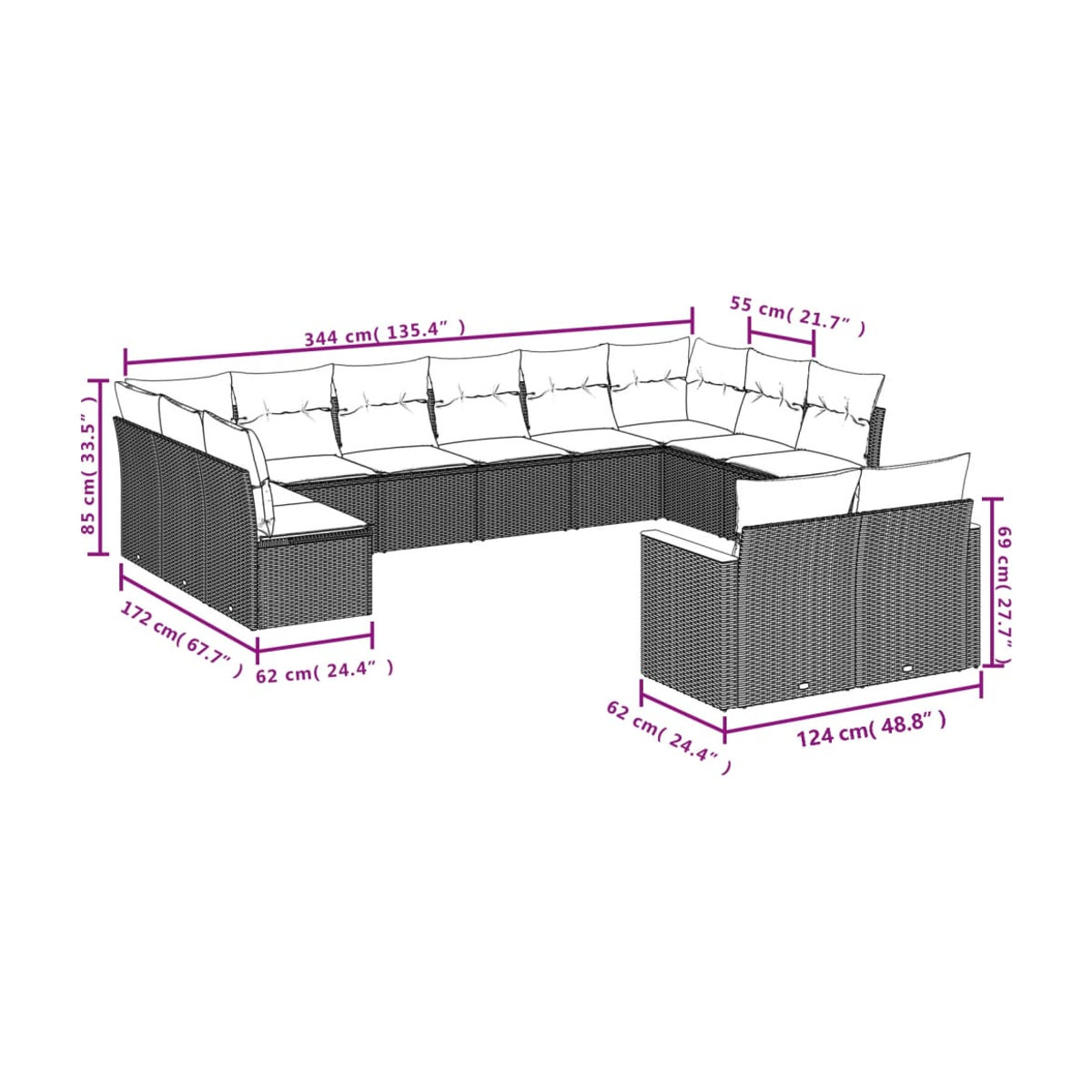 Vidaxl 13-teiliges Gartenmöbel-Set aus Polyrattan mit Kissen in Beige - Bild 2