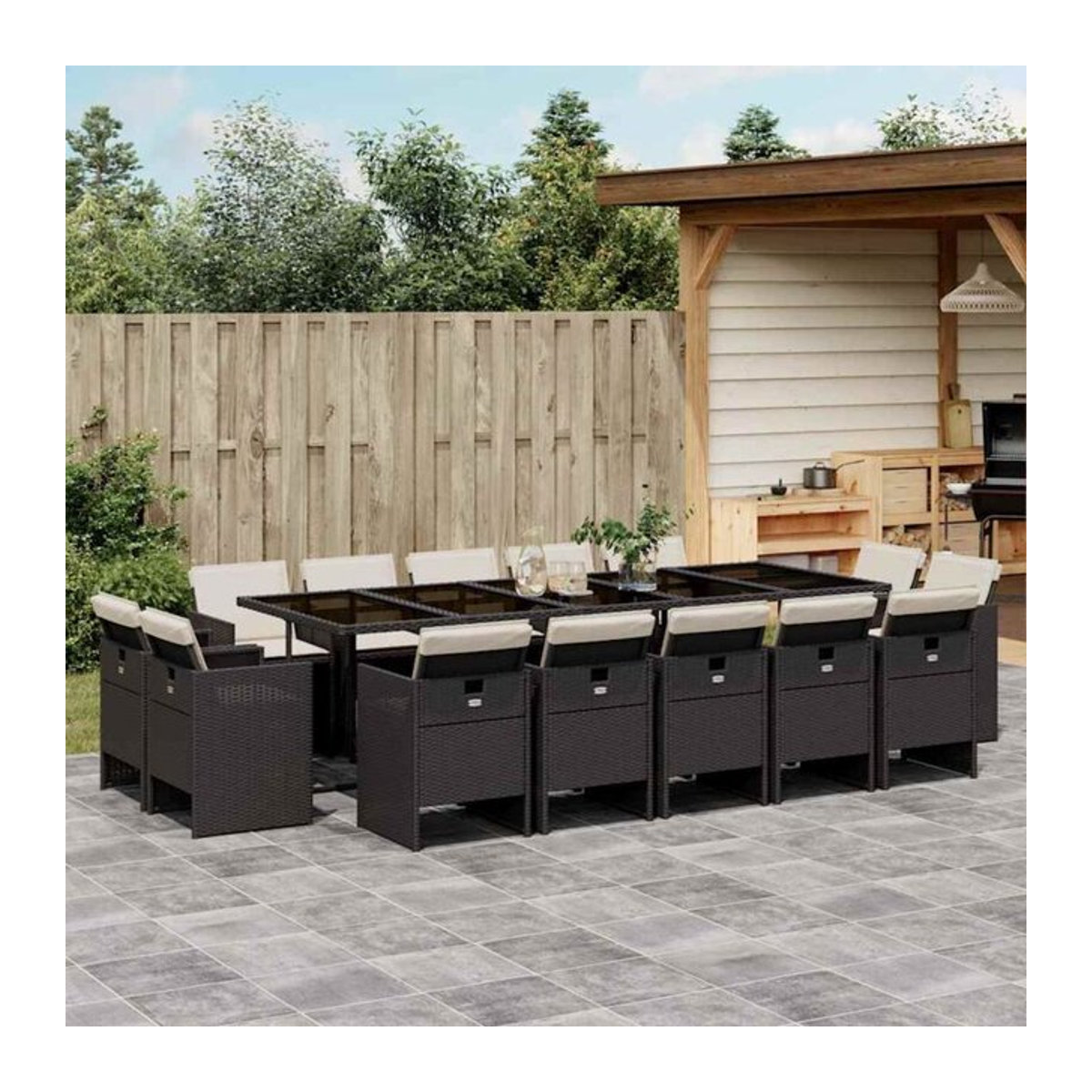 vidaxl 15-teilige Garten-Essgruppe aus Poly-Rattan mit Kissen in Schwarz und Creme - Bild 1