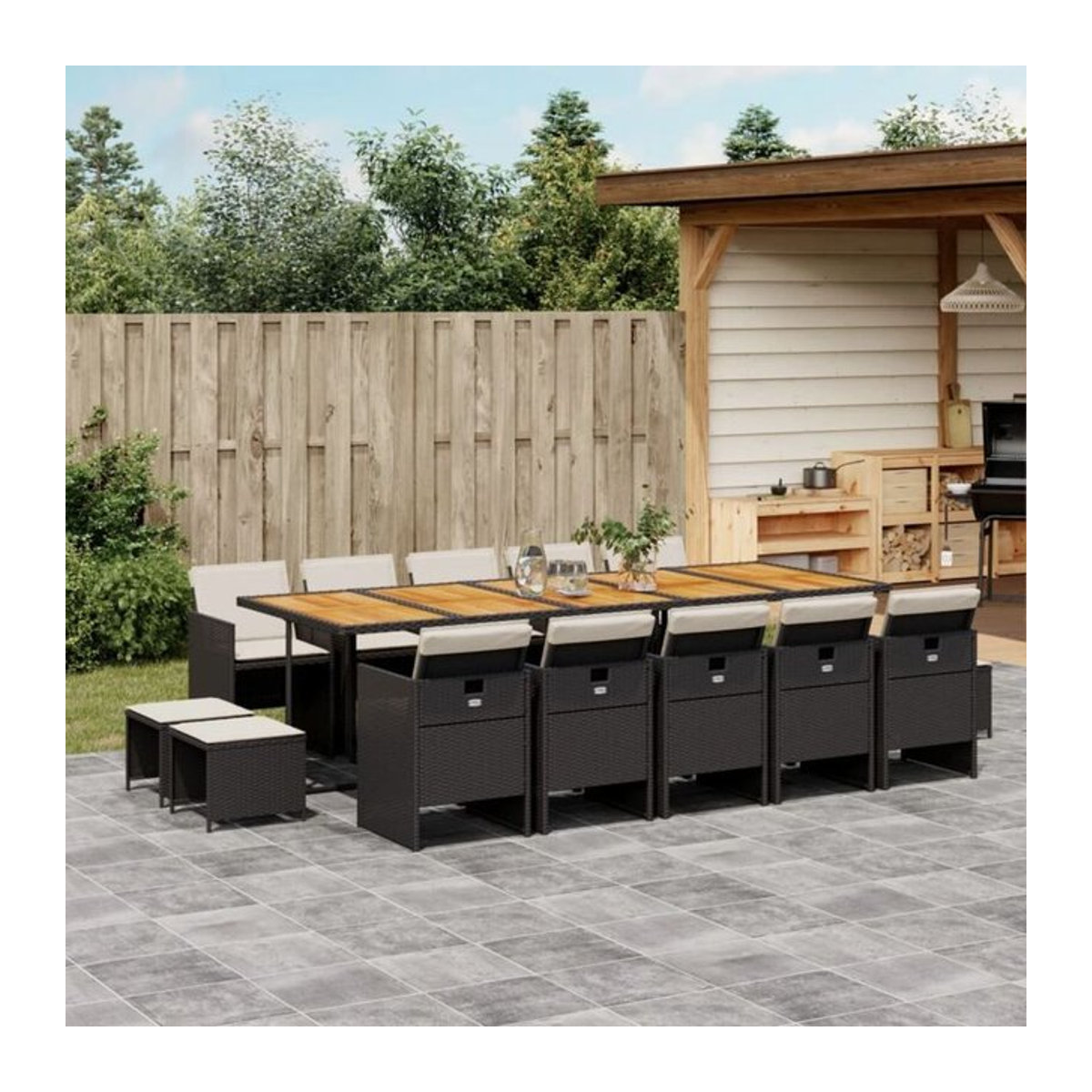 vidaxl 15-teilige moderne Garten-Essgruppe aus Poly-Rattan mit Kissen in Schwarz - Bild 1
