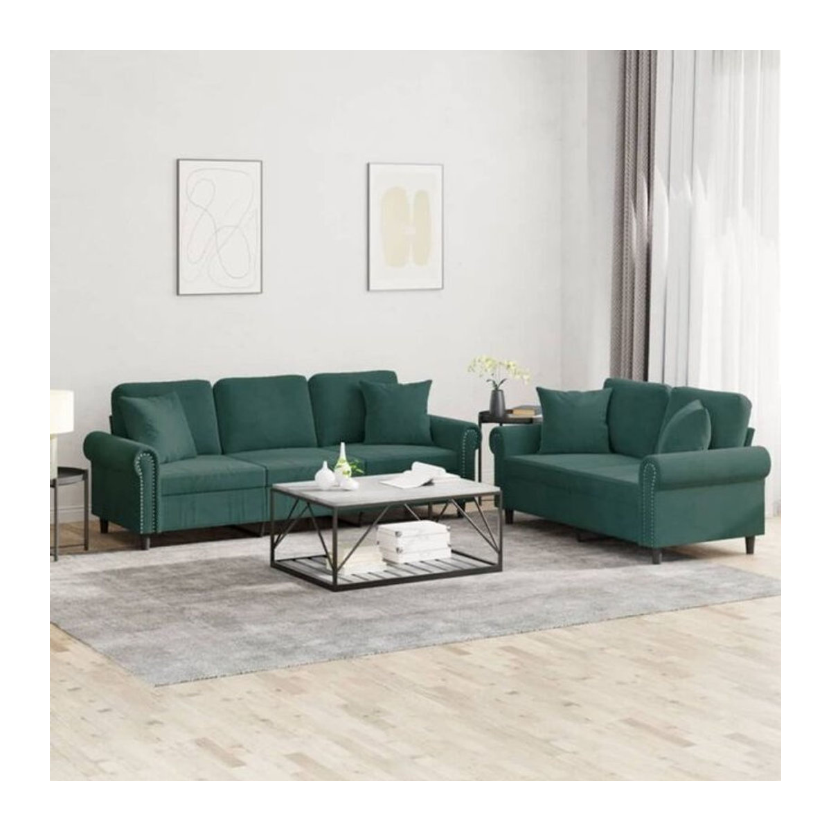 Vidaxl 2-teilige Sofagarnitur mit Kissen aus Samt in Dunkelgrün im klassischen Design - Bild 1